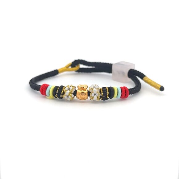 18K Gold Money Bag Bracelet Multicolor Yarn Rose Quartz Square Bead Size 6-6.5" - Picture 1 of 9
